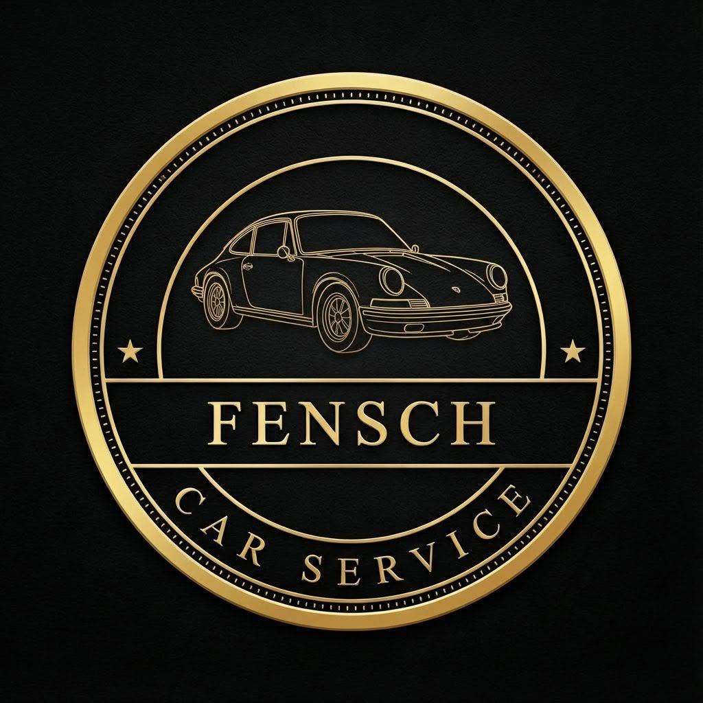 Logo Fensch Car Service noir et or floqué sur textile, voiture de sport stylisée